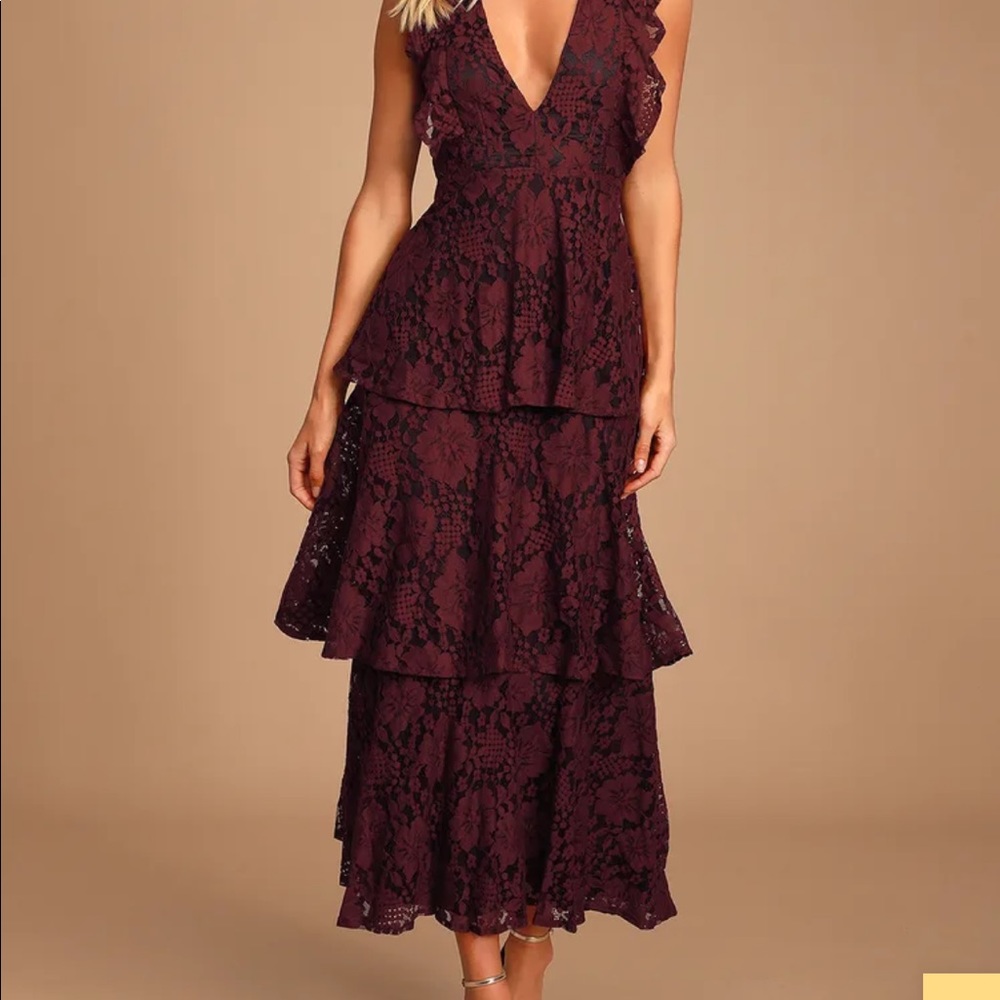 NWT Molinette Burgundy Lace Ruffle Tiered Sleeveless Maxi Dress - Picture 2 of 6